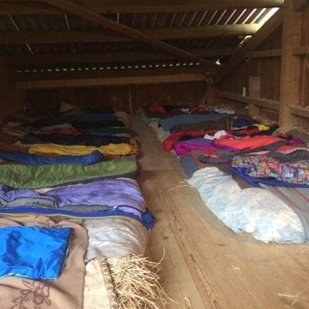Einfaches Schlaflager auf Holzboden mit vielen Schlafsäcken und Decken in einem rustikalen Dachraum.