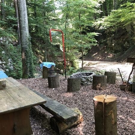 Rustikaler Picknick- und Feuerplatz im Wald mit Holzbänken, Baumstammhockern, Steingrillstelle und roter Wasserpumpe.